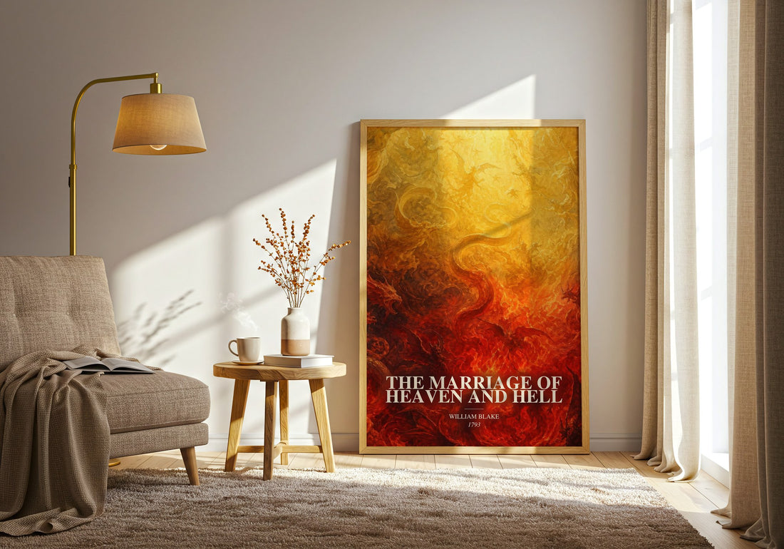 The marriage of Heaven and Hell watercolour print in frame leaning in hallway – poetry wall art