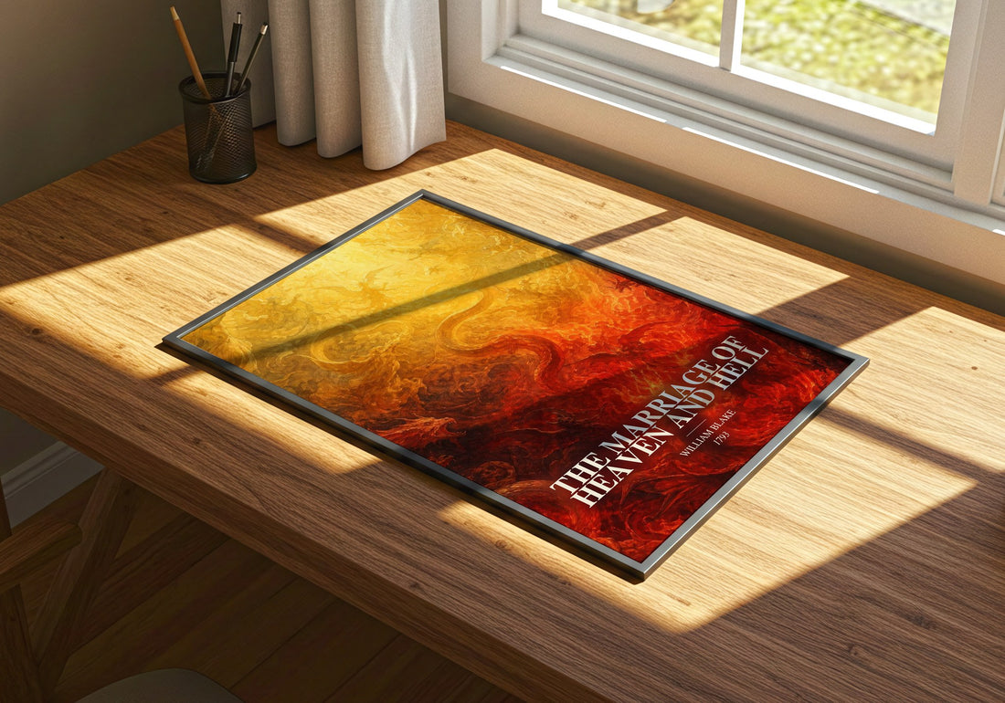 The marriage of Heaven and Hell watercolour book poster framed on wall – poetry wall art