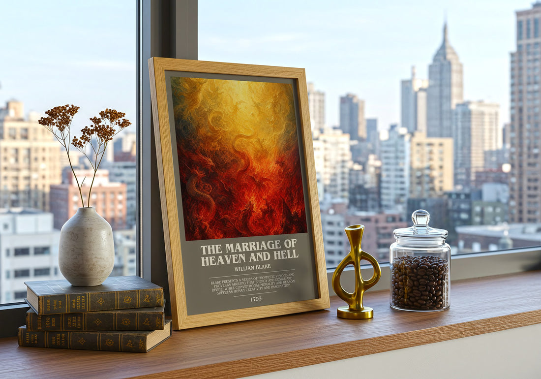 The marriage of Heaven and Hell bookish print framed by window – literary home decor