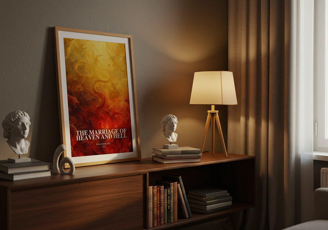 The marriage of Heaven and Hell watercolour print on bookshelf – William Blake fan gift