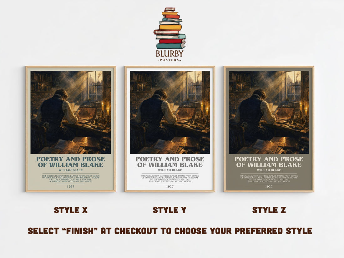 Poetry and prose of William Blake bookish print in frame leaning in hallway – poetry wall art (mockup)