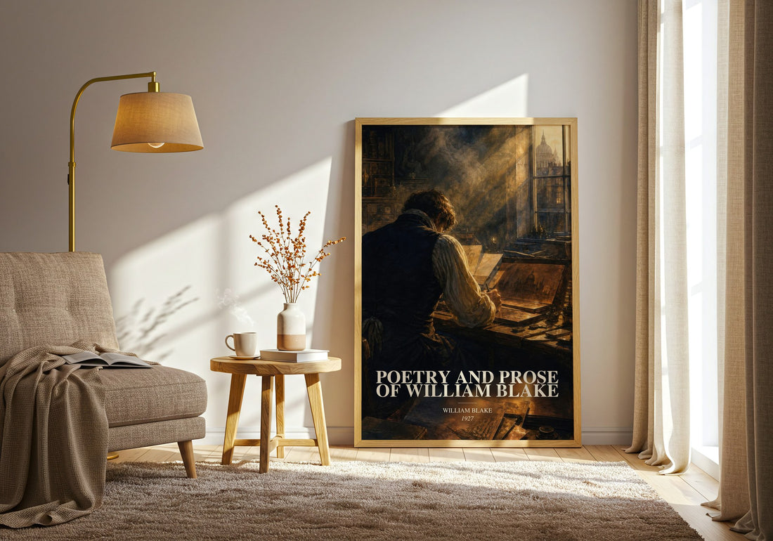 Poetry and prose of William Blake watercolour print in frame leaning in hallway – poetry wall art