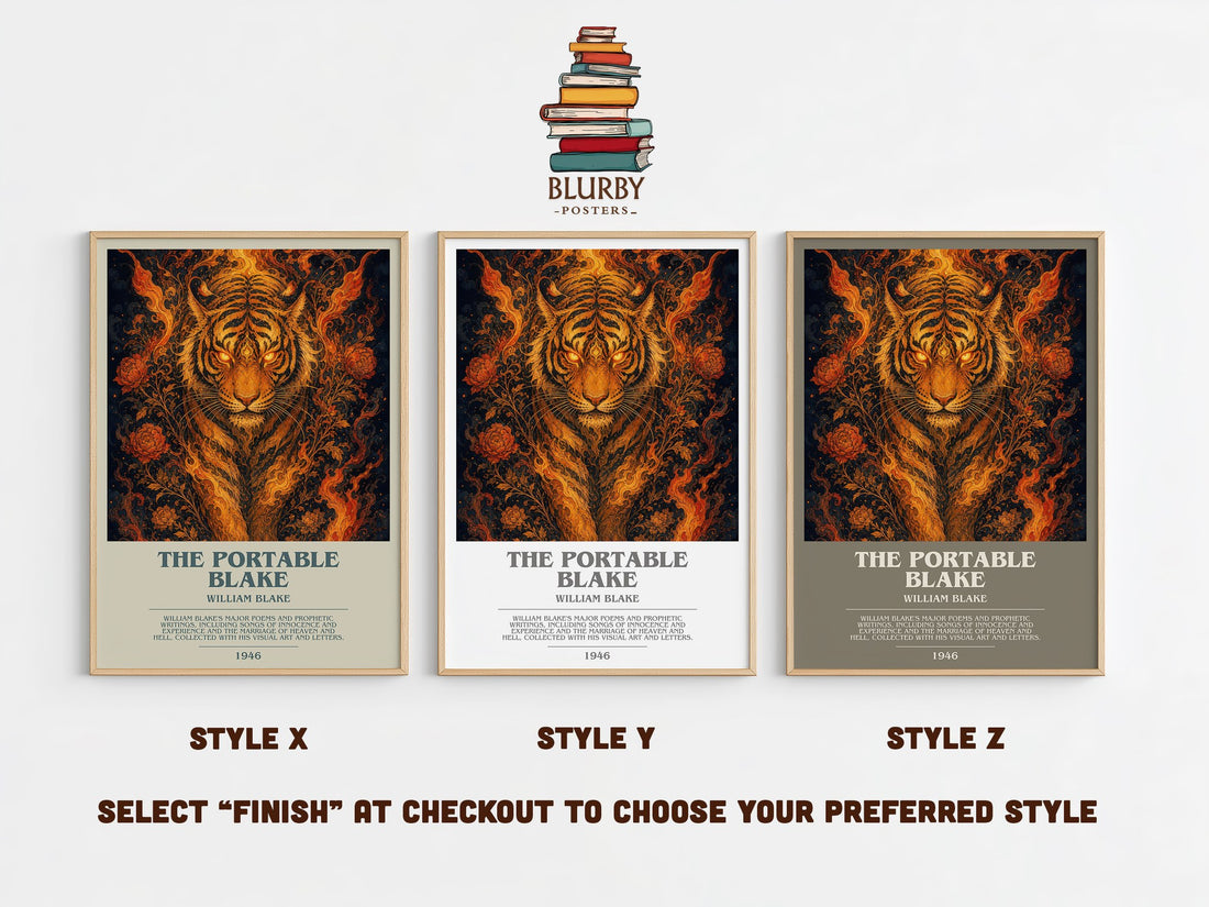 The portable Blake bookish print in frame leaning in hallway – poetry wall art (mockup)
