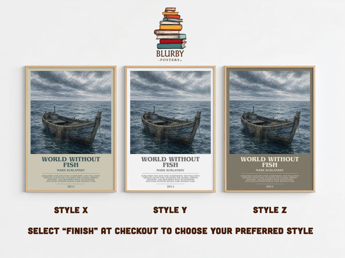 World Without Fish bookish print in frame leaning in hallway – non fiction wall art (mockup)