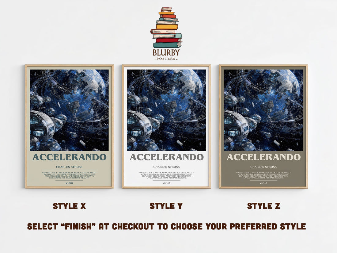 Accelerando bookish print in frame leaning in hallway – sci fi wall art (mockup)