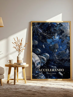 Accelerando watercolour print in frame leaning in hallway – sci fi wall art