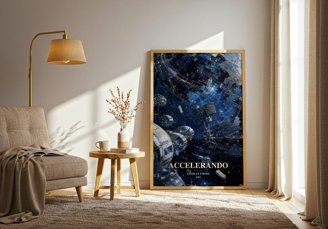 Accelerando watercolour print in frame leaning in hallway – sci fi wall art