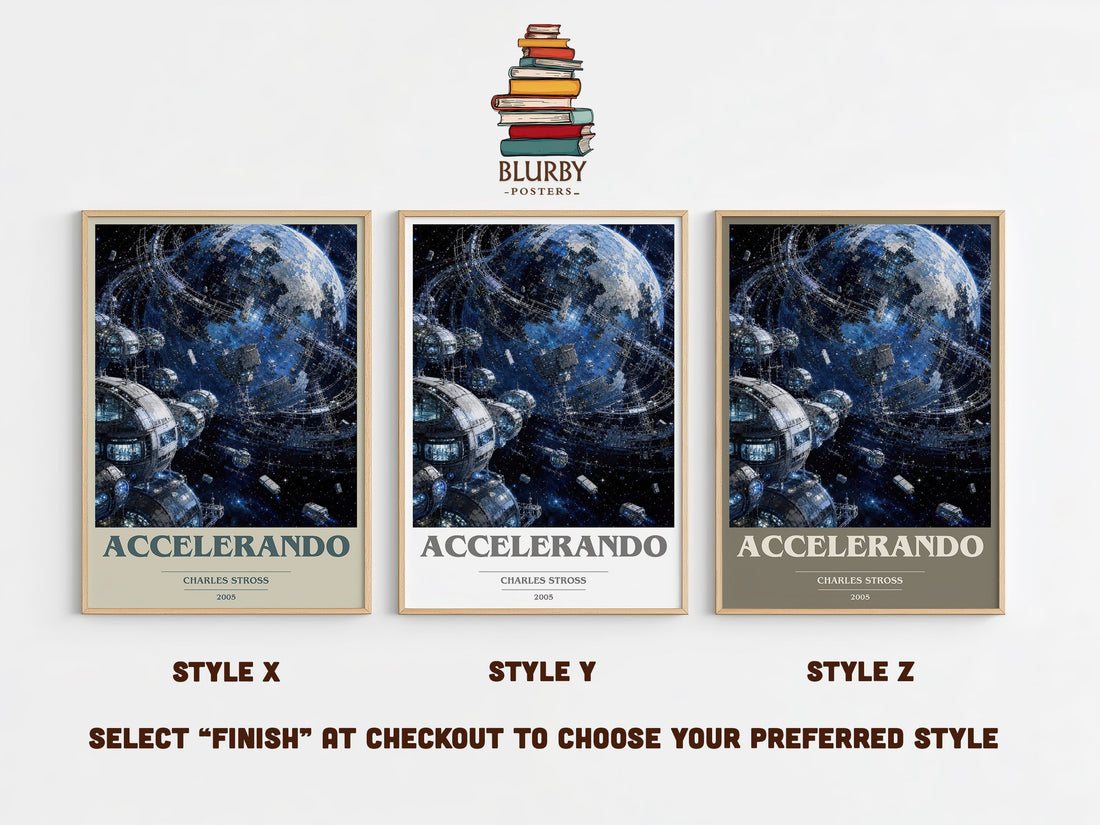 Accelerando book cover print in frame leaning in hallway – sci fi wall art (mockup)