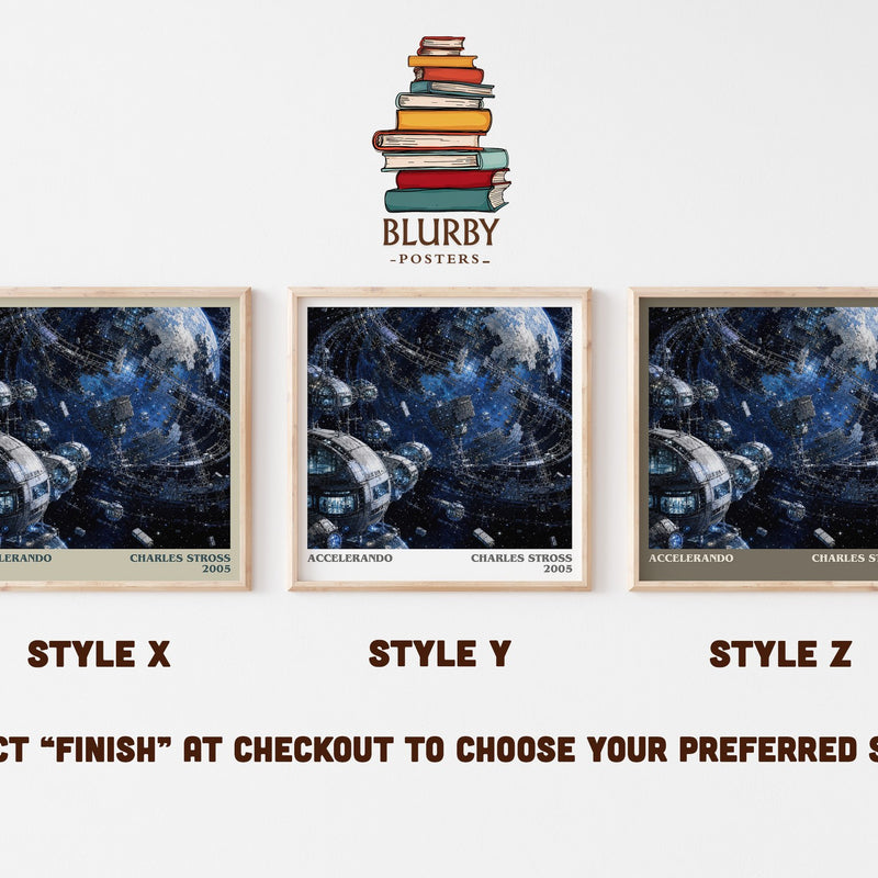Accelerando literary print in frame leaning in hallway – sci fi wall art