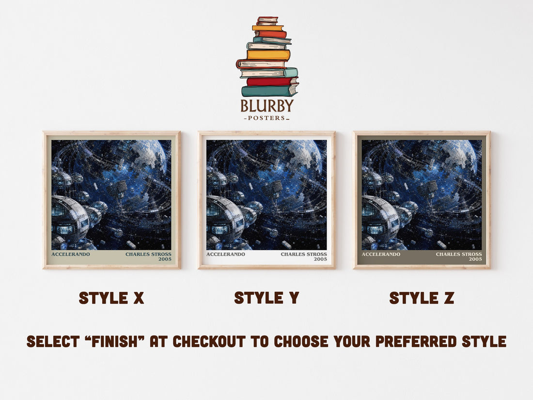 Accelerando literary print in frame leaning in hallway – sci fi wall art (mockup)