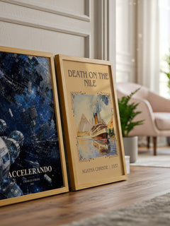 Accelerando watercolour print framed by window – literary home decor