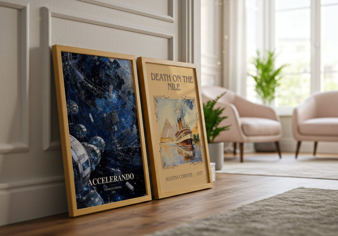 Accelerando watercolour print framed by window – literary home decor