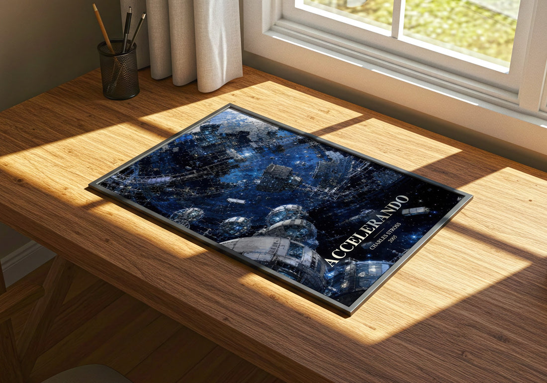 Accelerando watercolour book poster framed on wall – sci fi wall art