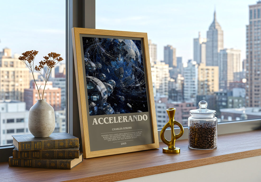 Accelerando bookish print framed by window – literary home decor
