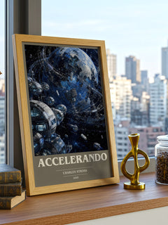 Accelerando book cover print framed by window – literary home decor