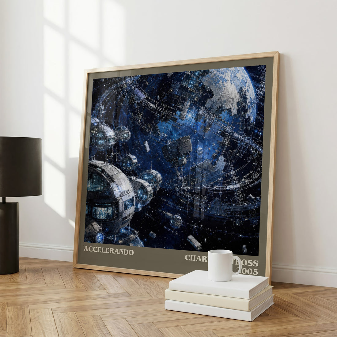 Accelerando Literary Art Print by Charles Stross – large square framed print leaning against a wall