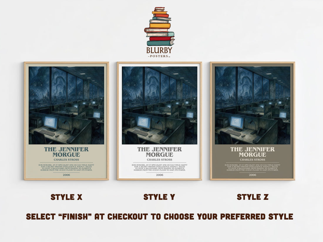 The Jennifer Morgue bookish print in frame leaning in hallway – sci fi wall art (mockup)