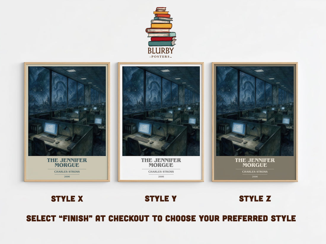 The Jennifer Morgue book cover print in frame leaning in hallway – sci fi wall art (mockup)