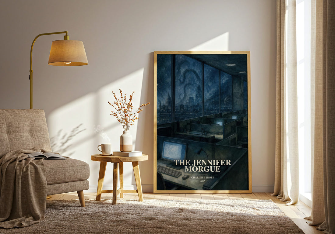 The Jennifer Morgue watercolour print in frame leaning in hallway – sci fi wall art