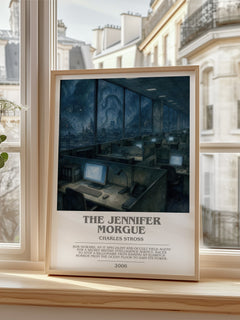 The Jennifer Morgue bookish poster colour and style options – Charles Stross book art