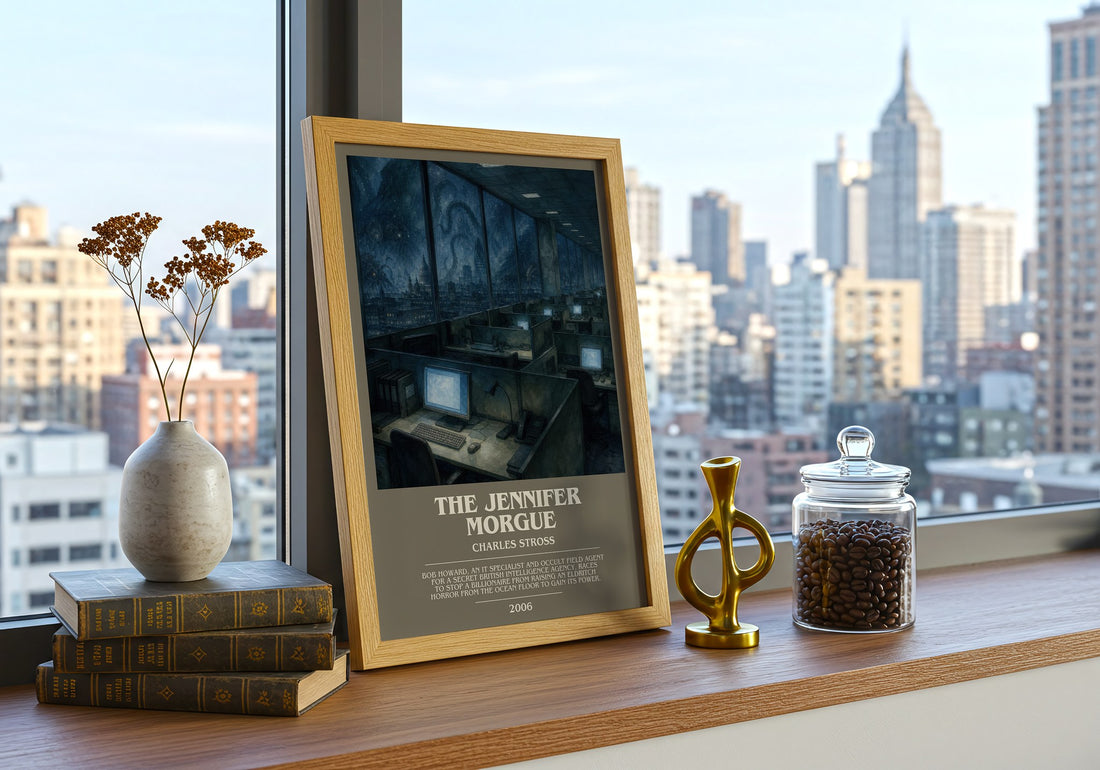 The Jennifer Morgue bookish print framed by window – literary home decor