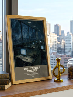 The Jennifer Morgue book cover print framed by window – literary home decor