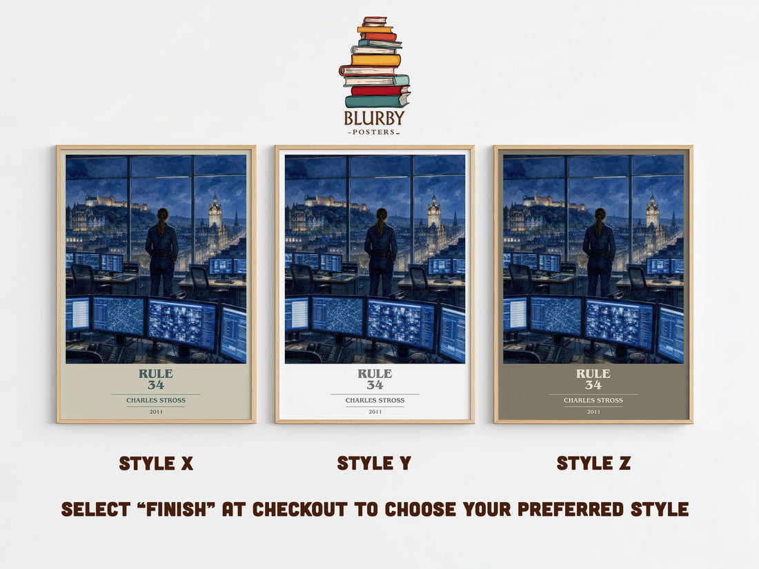 Rule 34 book cover print in frame leaning in hallway – sci fi wall art (mockup)