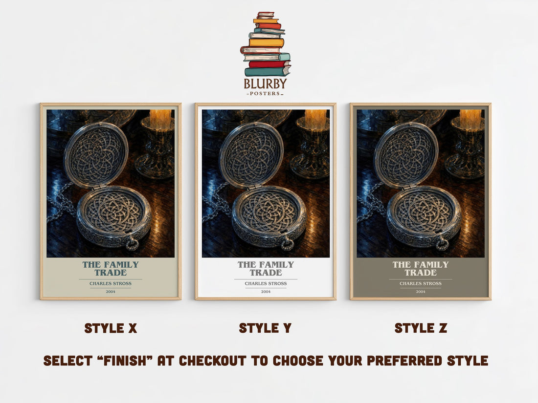 The family trade book cover print in frame leaning in hallway – sci fi wall art (mockup)