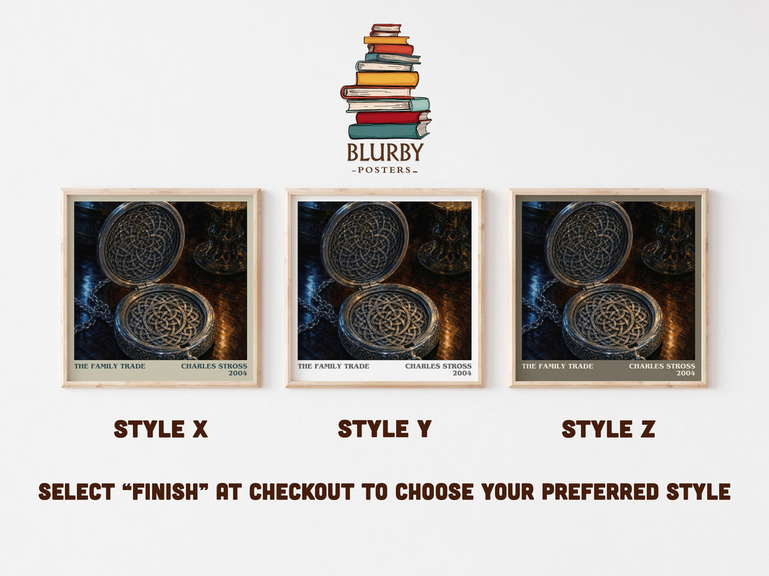 The family trade literary print in frame leaning in hallway – sci fi wall art (mockup)