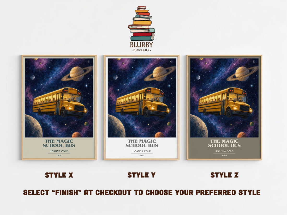The Magic School Bus book cover print in frame leaning in hallway – childrens wall art (mockup)