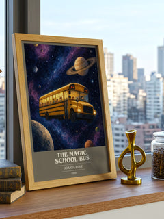 The Magic School Bus book cover print framed by window – literary home decor