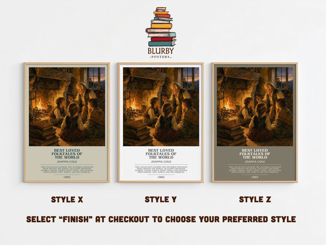 Best Loved Folktales of the World bookish print in frame leaning in hallway – childrens wall art (mockup)