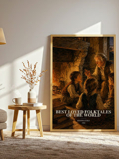 Best Loved Folktales of the World watercolour print in frame leaning in hallway – childrens wall art