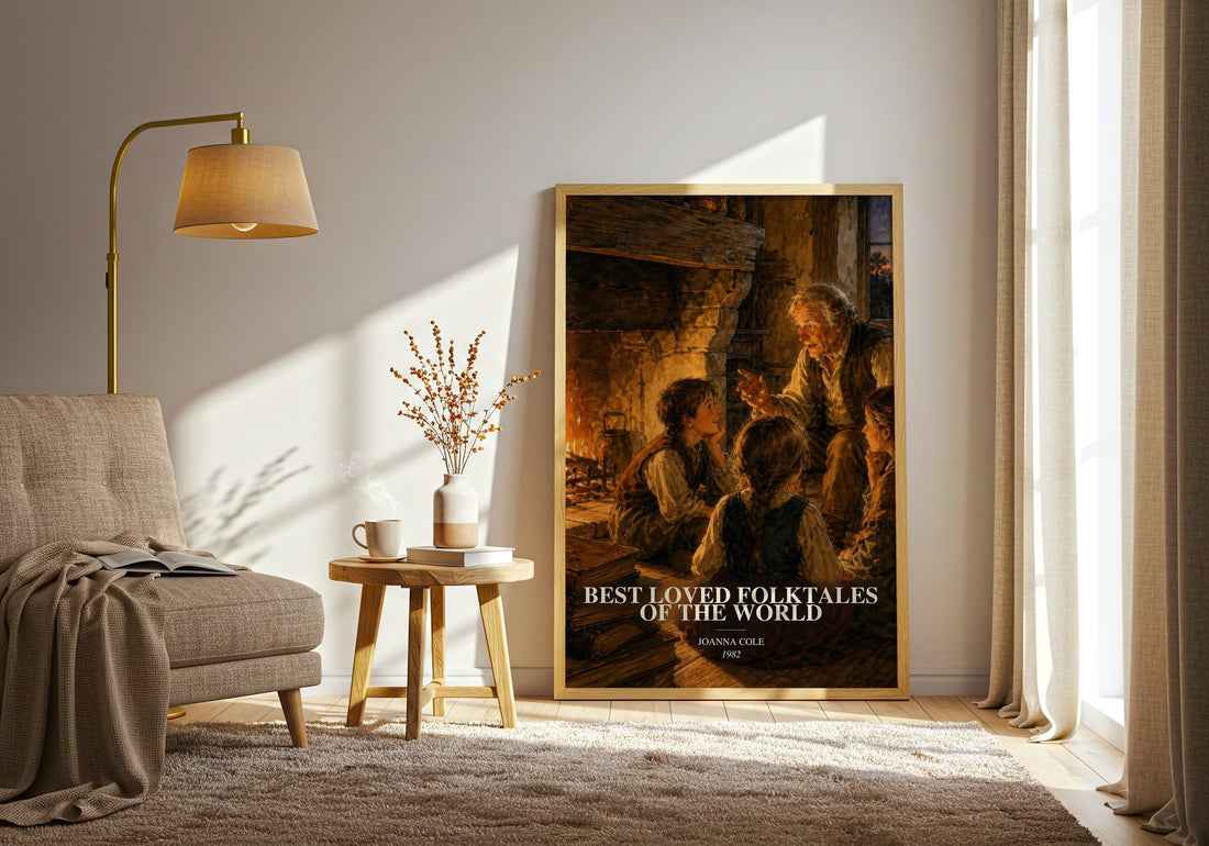Best Loved Folktales of the World watercolour print in frame leaning in hallway – childrens wall art