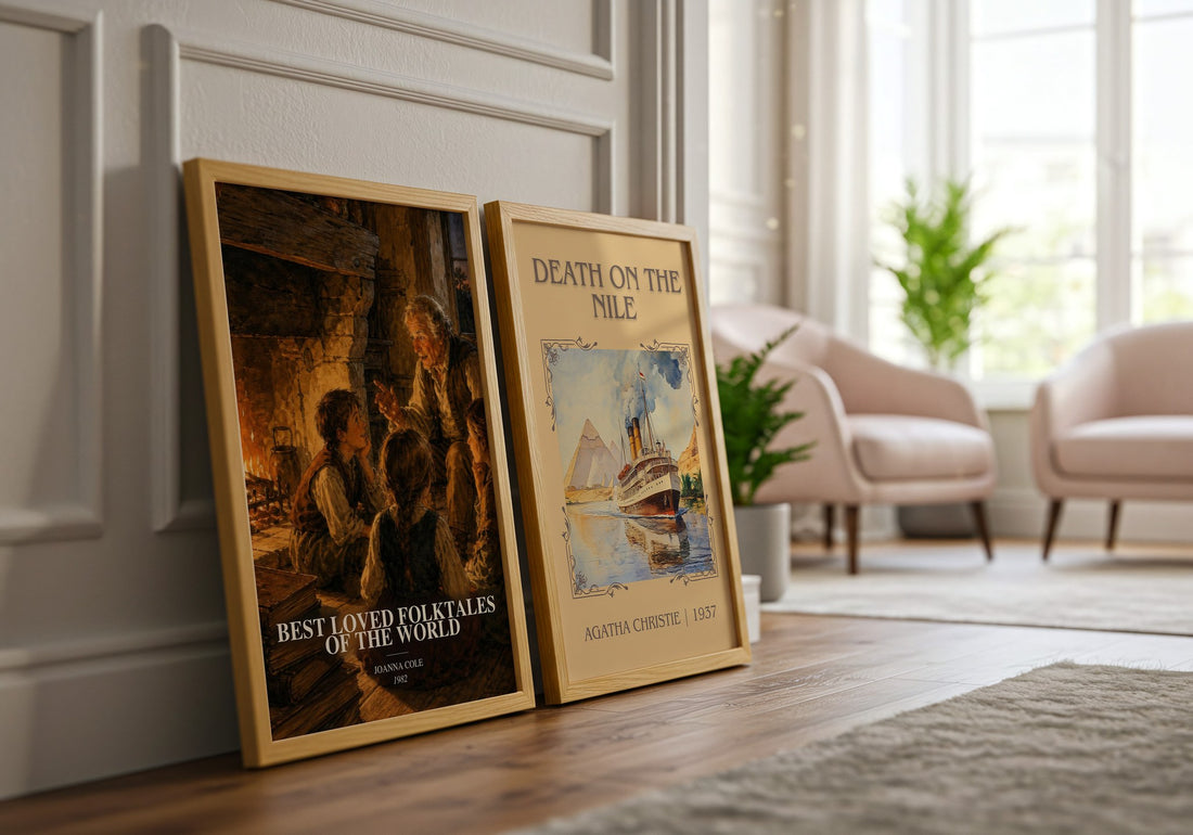 Best Loved Folktales of the World watercolour print framed by window – literary home decor