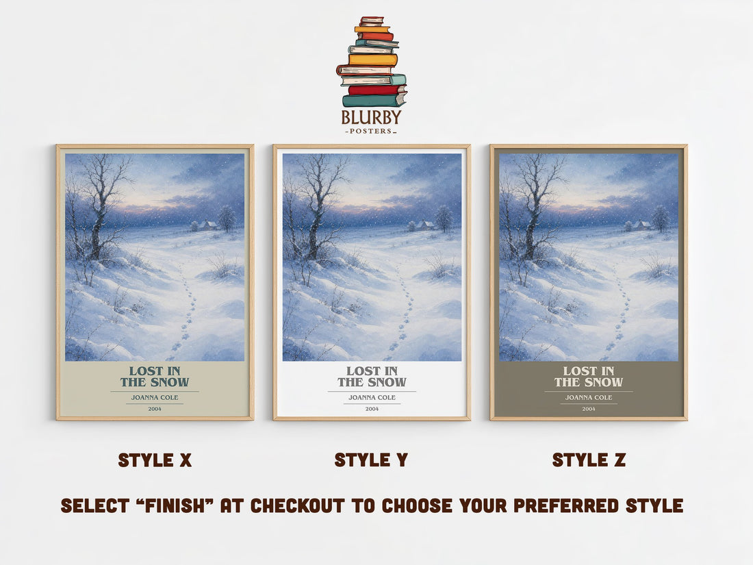Lost in the snow book cover print in frame leaning in hallway – childrens wall art (mockup)