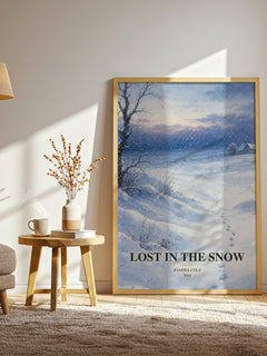 Lost in the snow watercolour print in frame leaning in hallway – childrens wall art