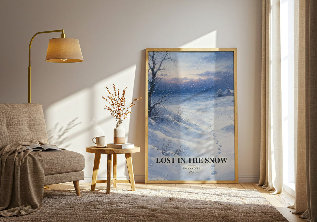 Lost in the snow watercolour print in frame leaning in hallway – childrens wall art
