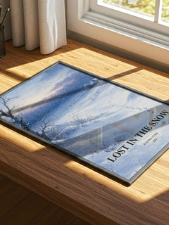 Lost in the snow watercolour book poster framed on wall – childrens wall art