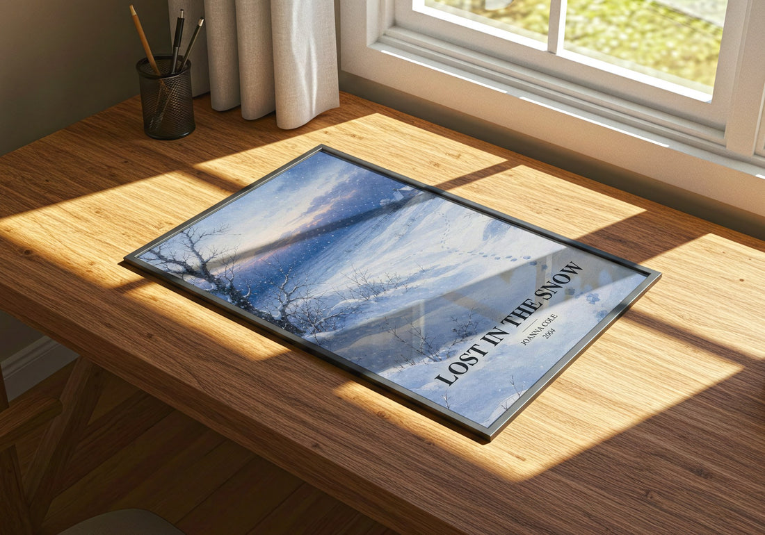 Lost in the snow watercolour book poster framed on wall – childrens wall art