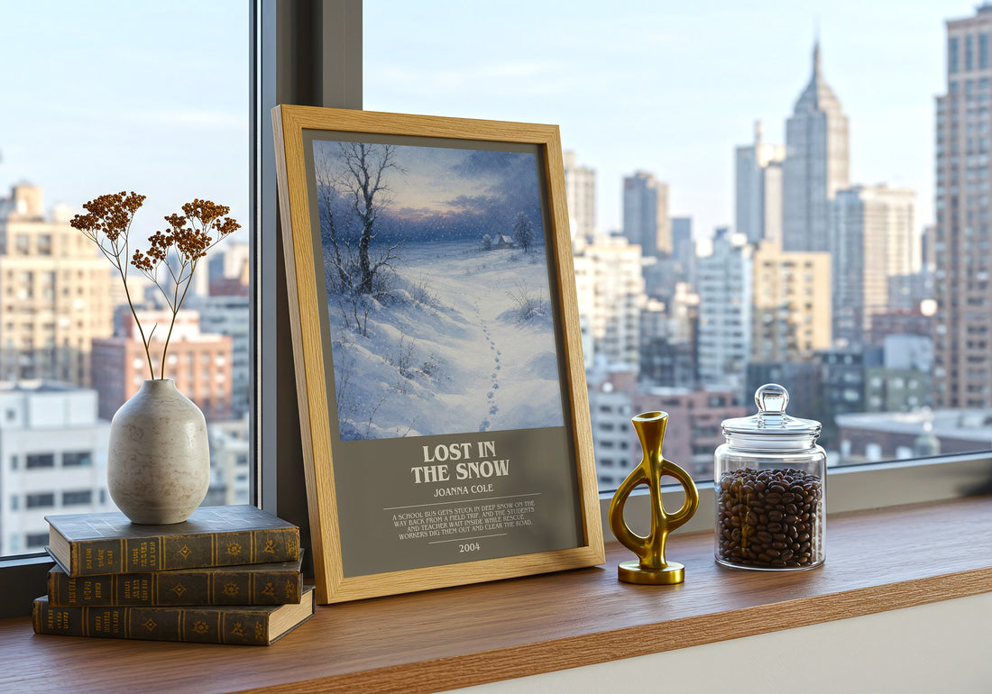 Lost in the snow bookish print framed by window – literary home decor