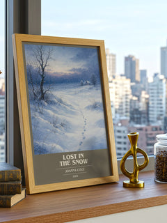 Lost in the snow Book Cover Poster by Joanna Cole – framed print on a city-view windowsill
