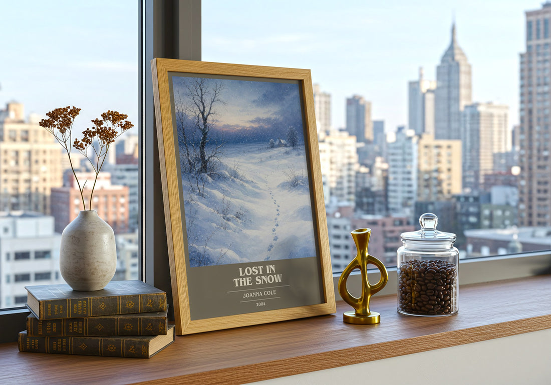 Lost in the snow Book Cover Poster by Joanna Cole – framed print on a city-view windowsill