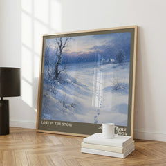 Lost in the snow Literary Art Print by Joanna Cole – large square framed print leaning against a wall