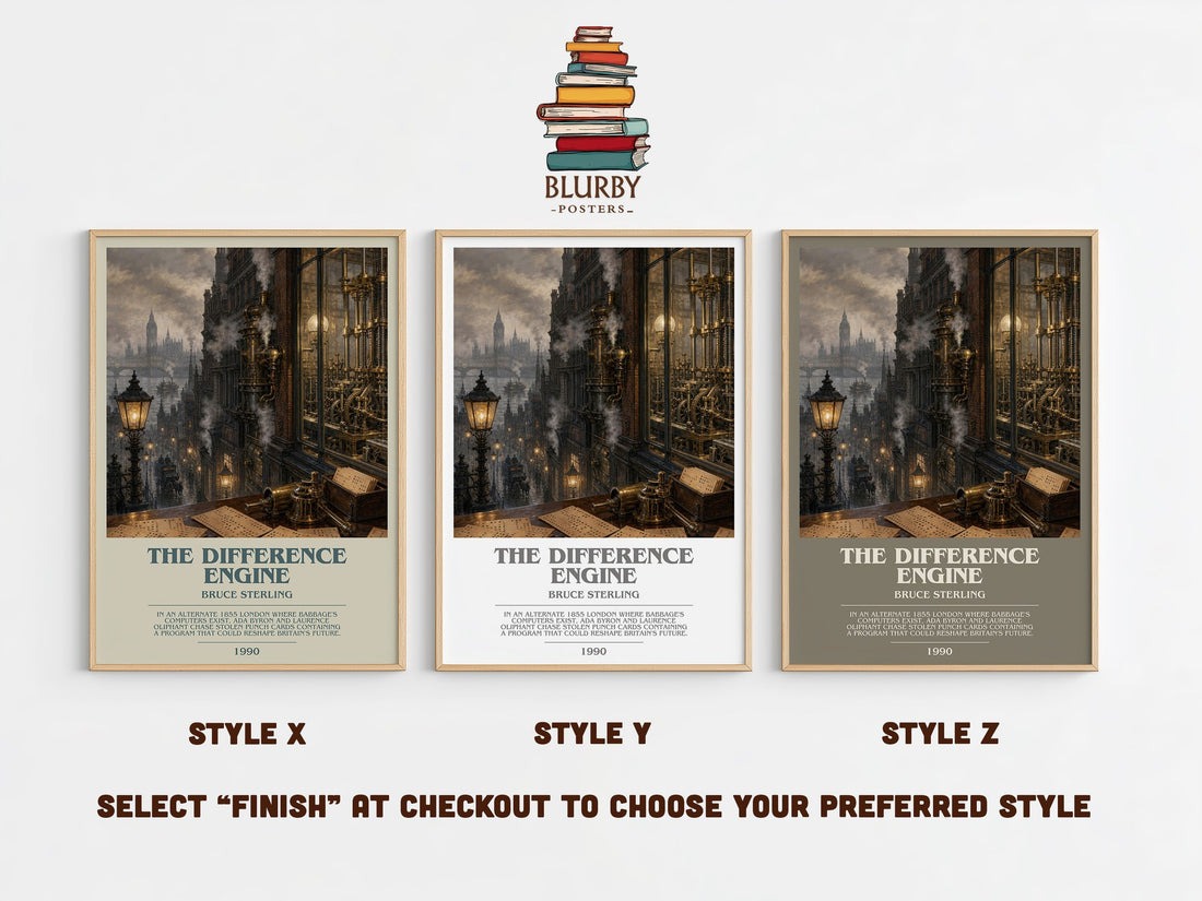 The Difference Engine bookish print in frame leaning in hallway – sci fi wall art (mockup)