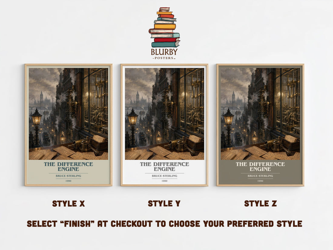 The Difference Engine book cover print in frame leaning in hallway – sci fi wall art (mockup)