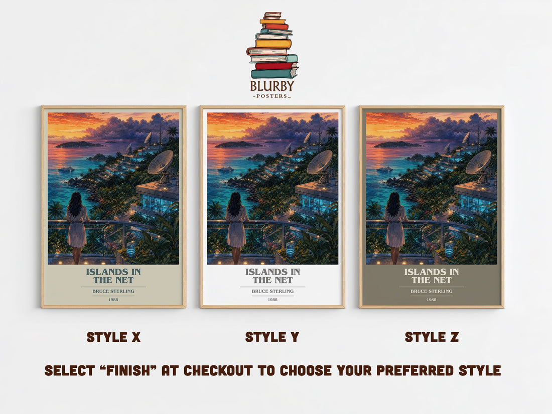 Islands in the Net book cover print in frame leaning in hallway – sci fi wall art (mockup)