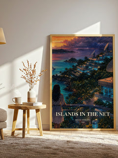 Islands in the Net watercolour print in frame leaning in hallway – sci fi wall art