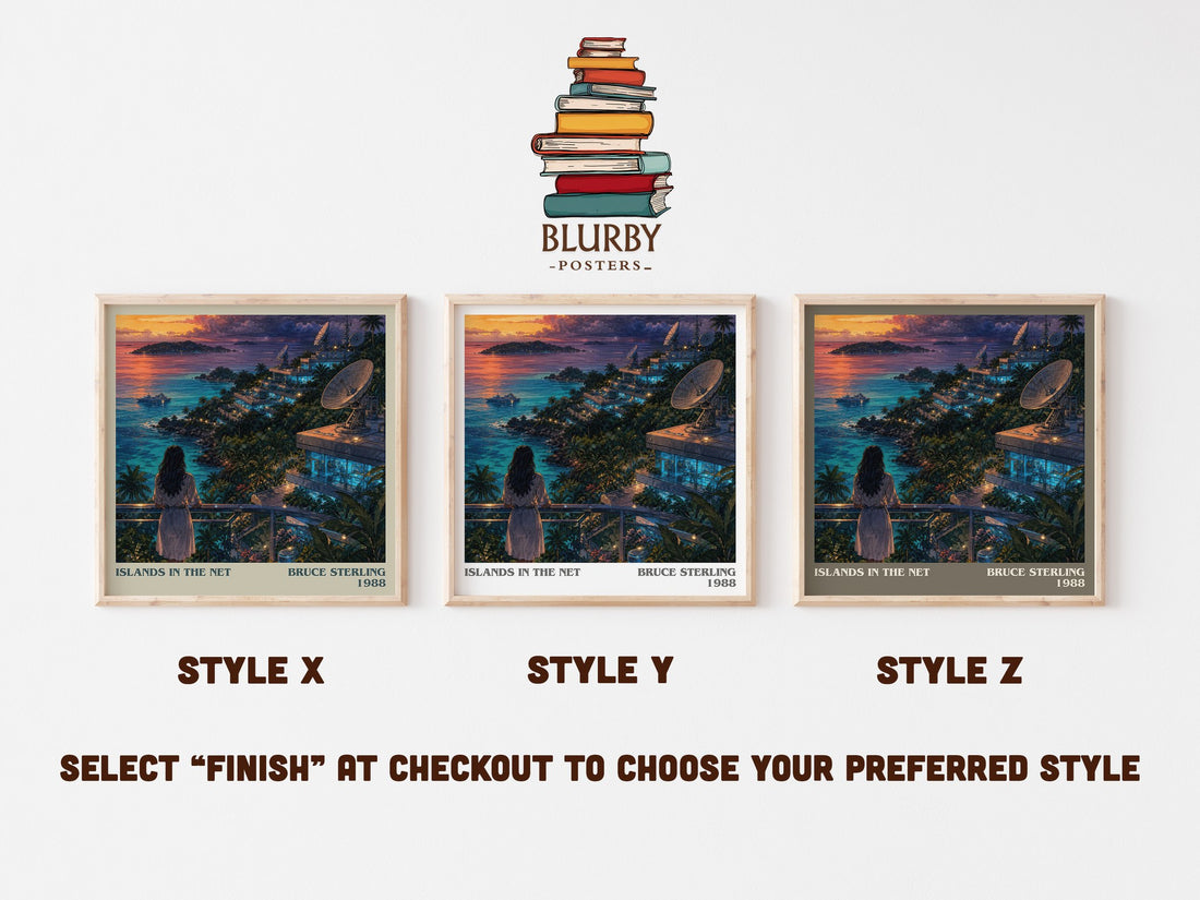Islands in the Net literary print in frame leaning in hallway – sci fi wall art (mockup)