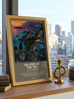 Islands in the Net bookish print framed by window – literary home decor